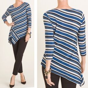 Chico’s Travelers Classic Striped Asymmetrical Hem‎ Liquid Knit Blouse Size 8/10